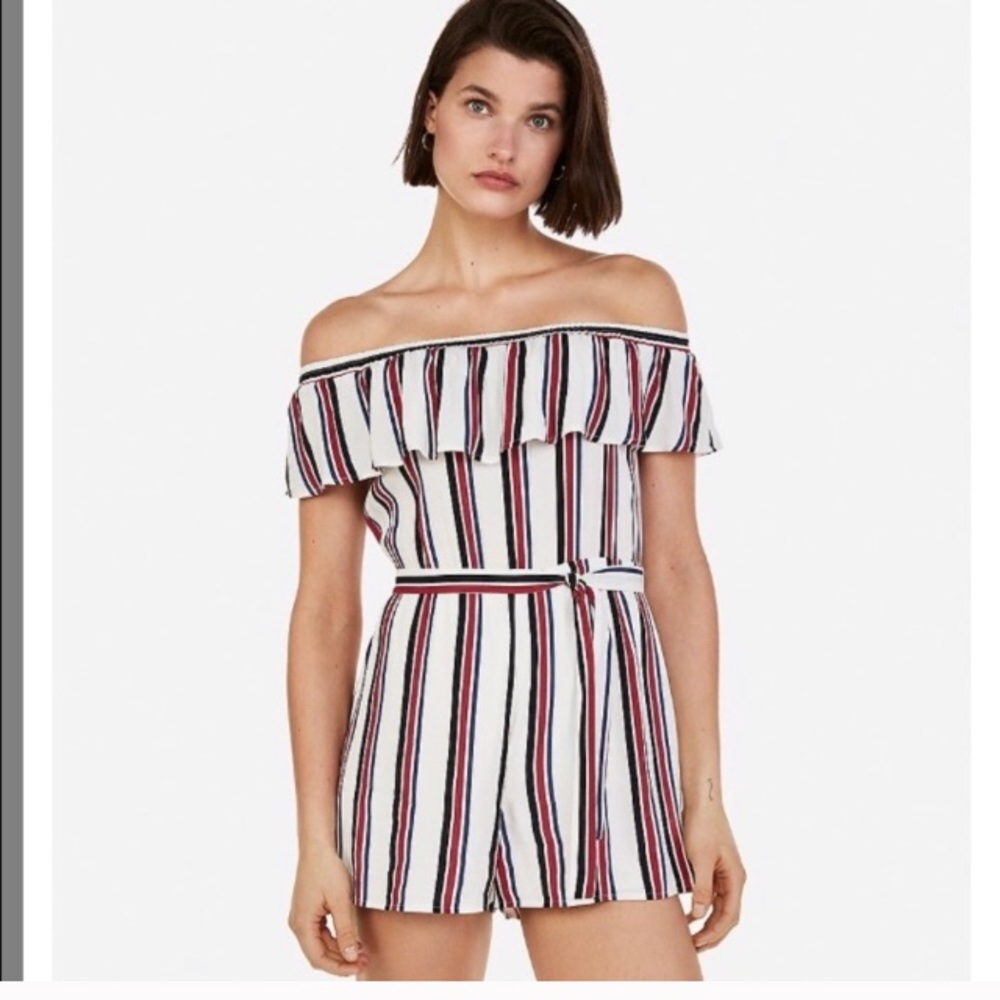 Express striped off the shoulder ruffle romper
